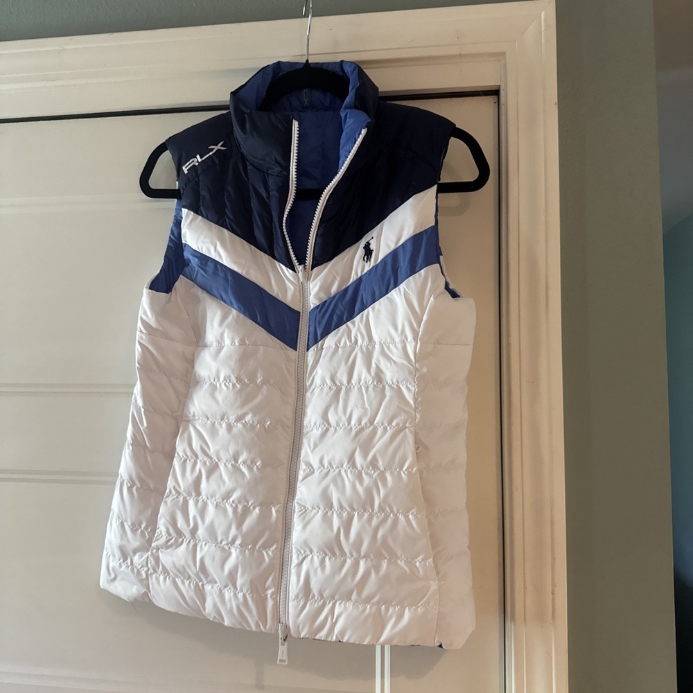 Ralph Lauren Women's Puffer Vest White Blue Reversible Small Chevron Stripe